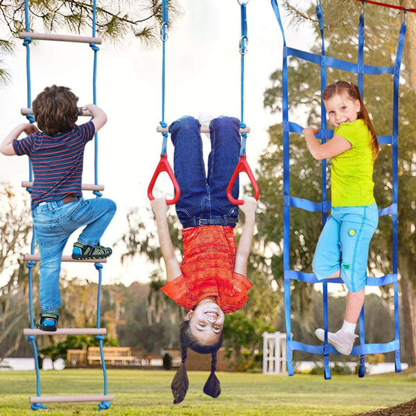Ninja Warrior Obstacle Course for Kids - 2X50FT Double Ninja Slackline with Climbing Net, Swing, Ladder, Long & Short Monkey Bars, Gym Rings, 1.2m Arm Trainer, Rope Knots