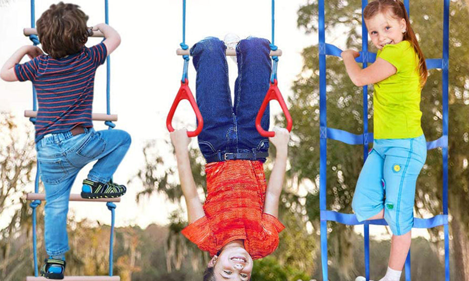 Ninja Warrior Obstacle Course for Kids - 2X50FT Double Ninja Slackline with Climbing Net, Swing, Ladder, Long & Short Monkey Bars, Gym Rings, 1.2m Arm Trainer, Rope Knots