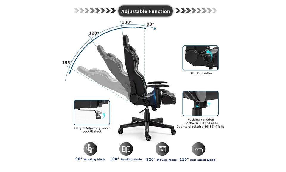 Yoleo/Bigzzia  PC & Racing Game Chair-155 Degree-Black