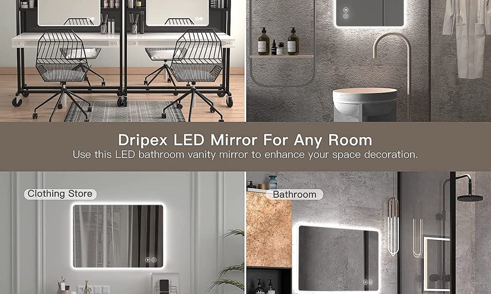 Dripex Illuminated Backlit LED Bathroom Mirror ,600*800 MM Bluetooth Bathroom Mirrors with Dimmable LED Lights and Demister Pad, Horizontal/Vertical