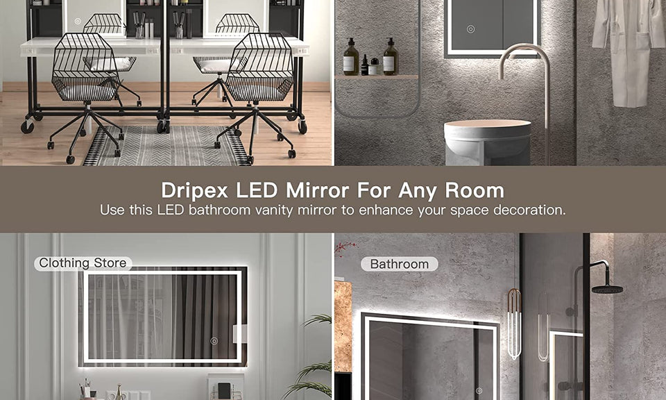 Dripex Bathroom Mirror with LED Lights, 1000*600 MM Illuminated Bathroom Mirror Wall Mounted Vanity Mirror, Bathroom Light Mirror with Demister Pad, Horizontal/Vertical